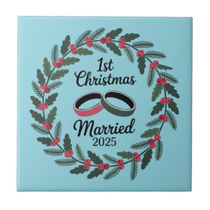 Classic Wedding Rings Wreath 1st Christmas Ceramic Tile