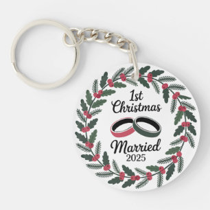 Classic Wedding Rings Wreath 1st Christmas Key Ring
