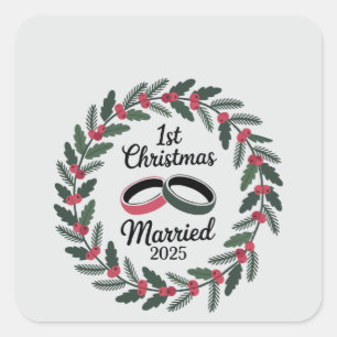 Classic Wedding Rings Wreath 1st Christmas Square Sticker