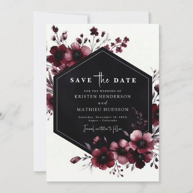 Classic Whimsical Burgundy Wedding Save The Date (Front)