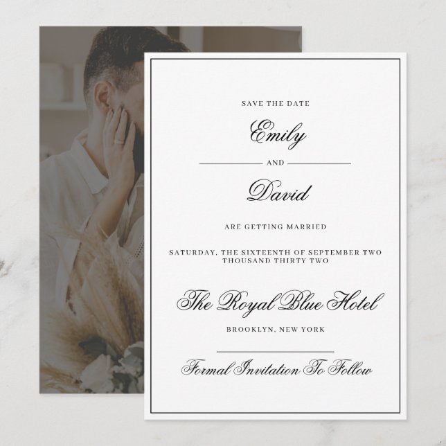 Classic White and Black Elegant Photo Save The Date (Front/Back)