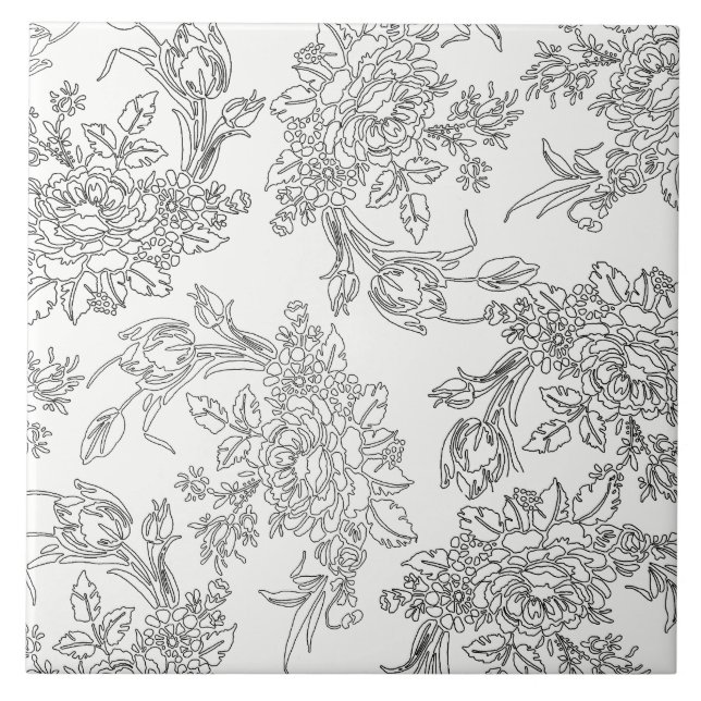 Classic White and Black Floral Toile Ceramic Tile (Front)
