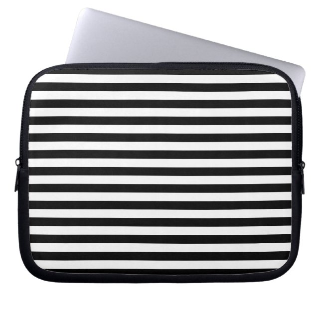 Classic White and Black Horizontal Stripe Pattern Laptop Sleeve (Front)