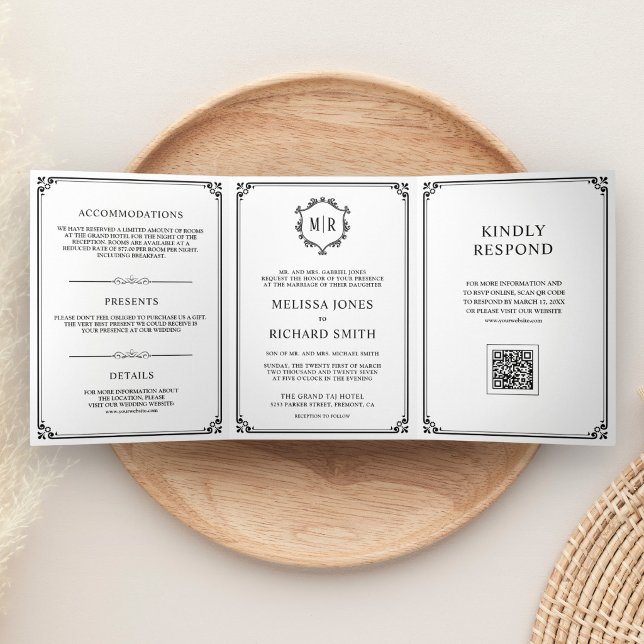 Classic White and Black Monogram QR Code Wedding Tri-Fold Invitation (Creator Uploaded)