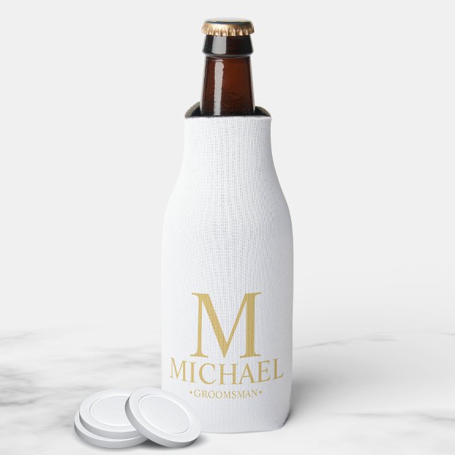Classic White and Gold Personalised Groomsman Bottle Cooler (Creator Uploaded)