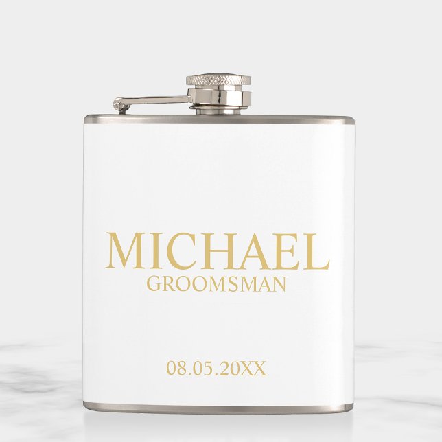 Classic White and Gold Personalised Groomsman Hip Flask (Creator Uploaded)