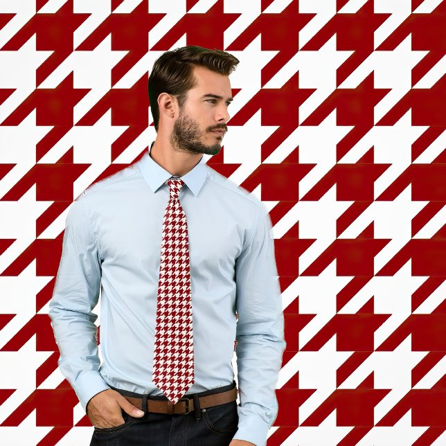 Classic White and Maroon Houndstooth Check Tie (Man wears a tie featuring a classic houndstooth pattern in maroon and white.  Background matches tie)