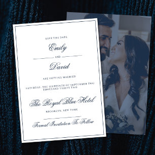 Classic White and Navy Elegant Photo  Save The Date