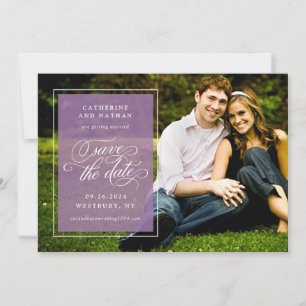 Classic White and Purple Elegant Script Wedding Save The Date