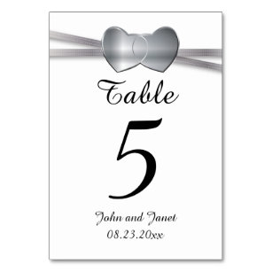 Classic White and Silver Wedding Love Hearts Table Number