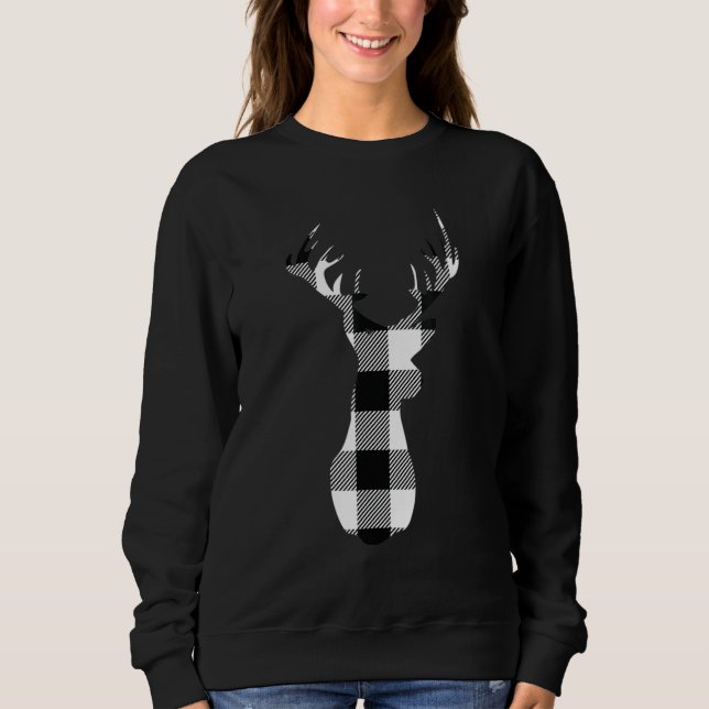 Classic White Black Christmas Buffalo Plaid Deer H Sweatshirt (Front)