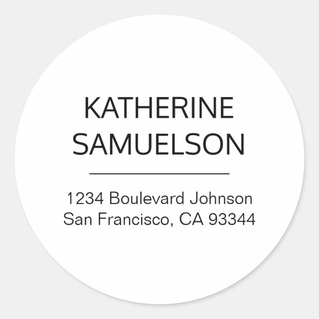 Classic White Black Name & Return Address Classic Round Sticker (Front)