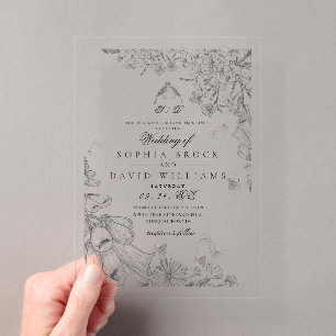 Classic White Black Rustic Botanical Wedding Acrylic Invitations
