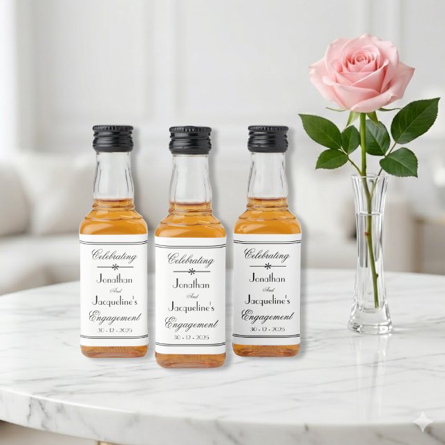 Classic White Black Script Border Engagement Mini Liquor Bottle Label (Timeless simple elegance.)