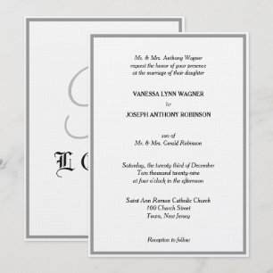 Classic White Black Silver Monogram Wedding  Invitation