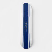 Classic White Blue Racing Stripes Gold Monogrammed Skateboard (Front)