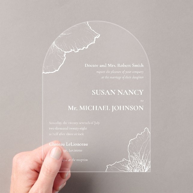 Classic White Clematis Line Art Formal Wedding 🥂 Acrylic Invitations (Insitu (Handheld))