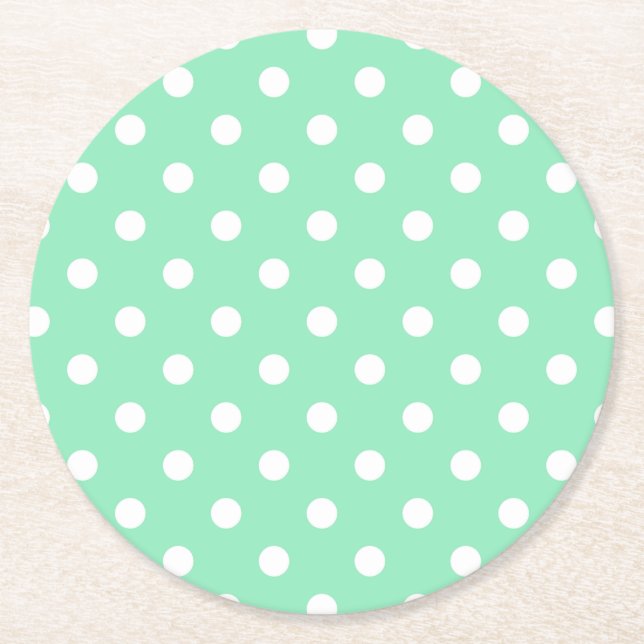 Classic White Dots Elegant Blank Mint Green Round Paper Coaster (Front)