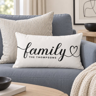 Classic White Family Heart Script Monogram Lumbar Cushion