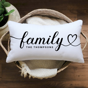 Classic White Family Heart Script Monogram Lumbar Cushion