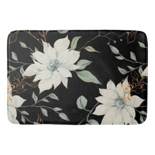 Classic White Floral Botanical Black Background Bath Mat