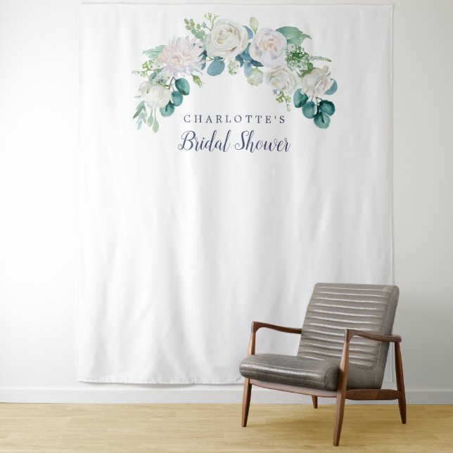 Classic White Floral Bridal Shower Photo Backdrop Tapestry (In Situ)