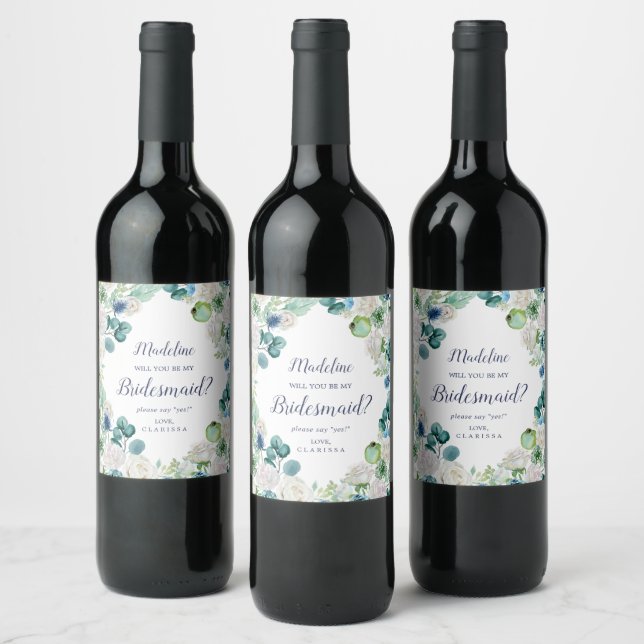 Classic White Flowers Bridesmaid Proposal Wine Label (Bottles)