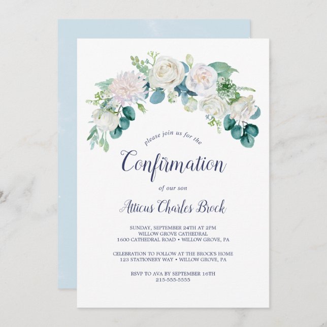 Classic White Flowers Confirmation Invitation (Front/Back)