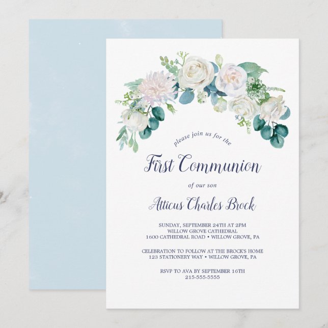 Classic White Flowers First Communion Invitation (Front/Back)