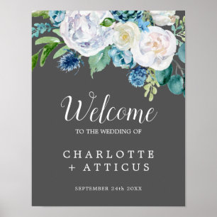 Classic White Flowers Grey Welcome Wedding Poster