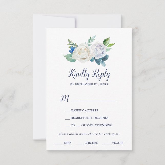Classic White Flowers Menu Choice RSVP Card (Front)