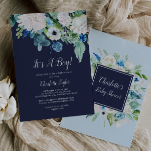 Classic White Flowers Navy It's A Boy Baby Shower Invitation