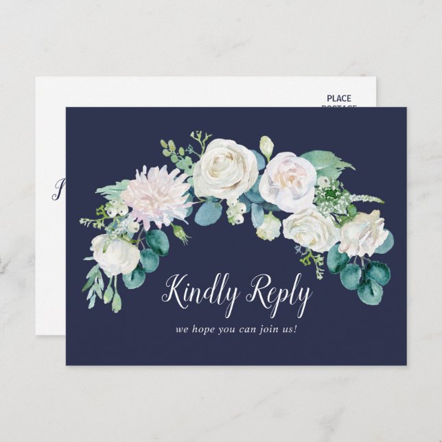 Classic White Flowers | Navy Song Request RSVP Invitation Postcard (Front/Back)