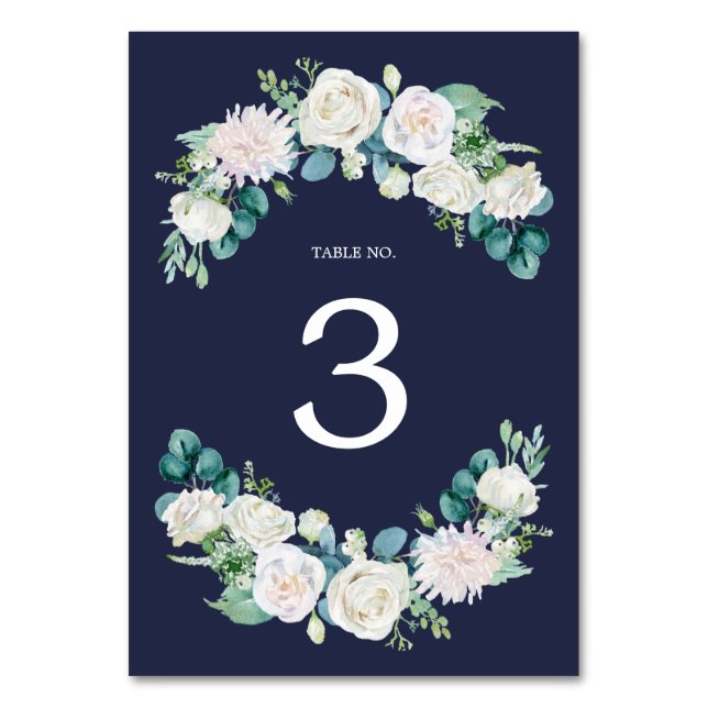 Classic White Flowers | Navy Table Number (Front)