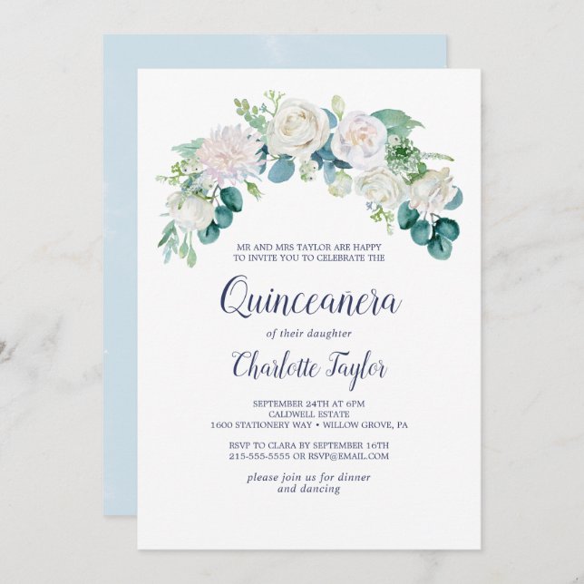 Classic White Flowers Quinceañera Invitation (Front/Back)