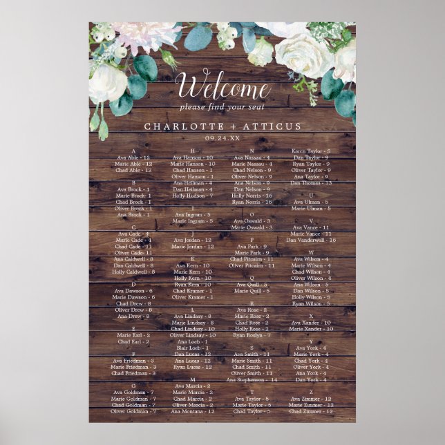 Classic White Flowers Rustic Alphabetical Seating Poster (Front)