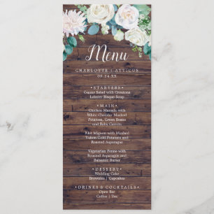 Classic White Flowers Rustic Wedding Dinner Menu