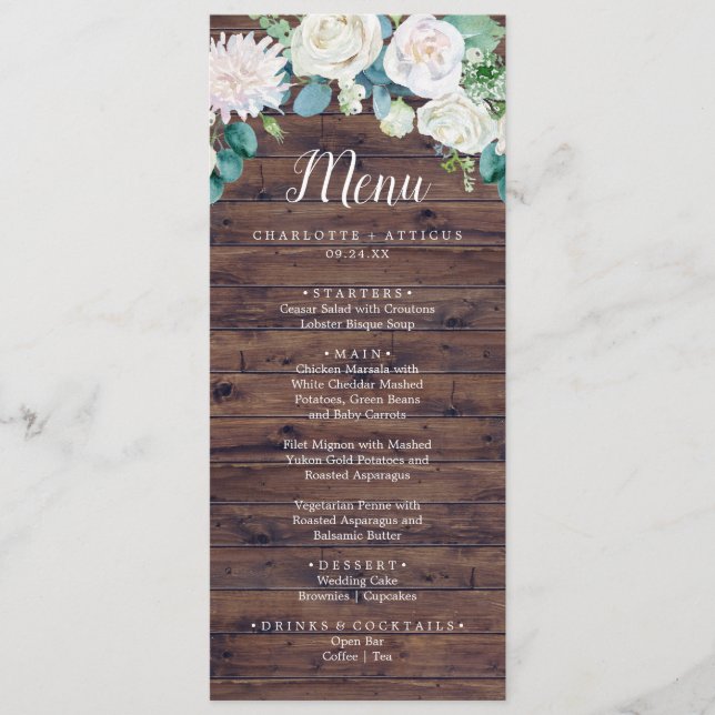 Classic White Flowers | Rustic Wedding Dinner Menu (Front)