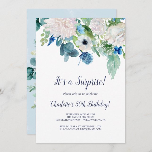 Classic White Flowers Surprise Party Invitation (Front/Back)