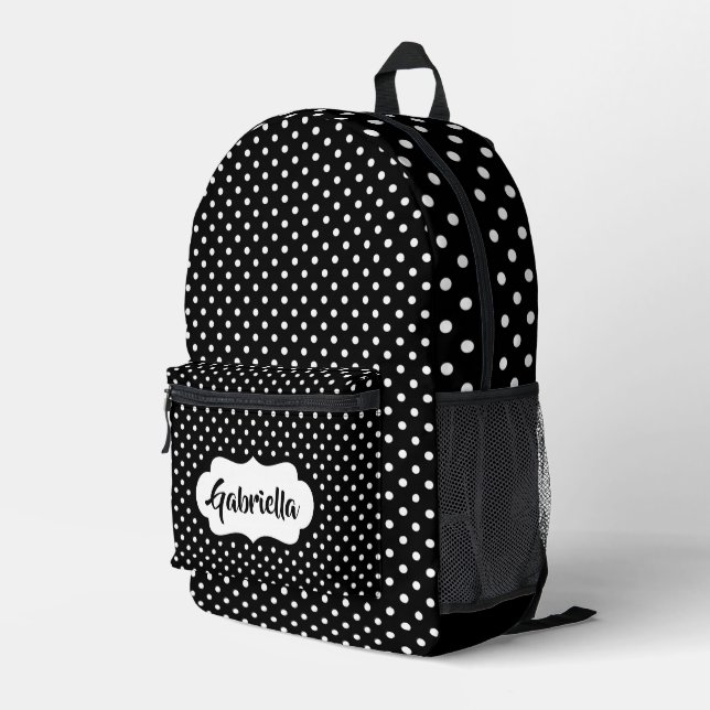 Classic White French Swiss Polka Dots On Black Printed Backpack (Back Corner Right)
