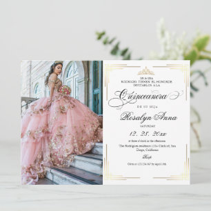 Classic White Gold Script Photo Quinceañera Invitation