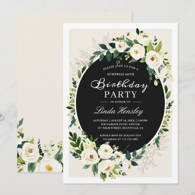 Classic White Green Roses Foliage Birthday Party Invitation (Front/Back)