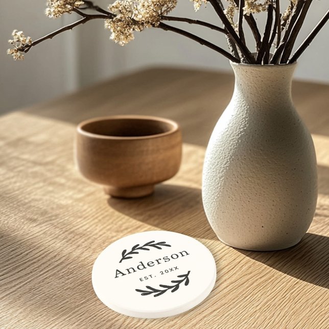 Classic White Laurel Wreath Monogram Est Coaster (Creator Uploaded)