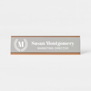 Classic White Laurels & Monogram   Personalised Desk Name Plate