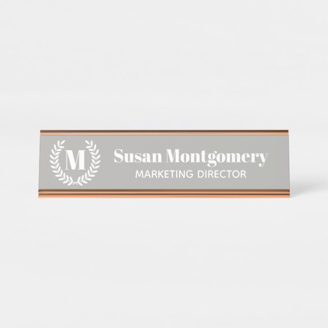 Classic White Laurels & Monogram | Personalised Desk Name Plate (Front)