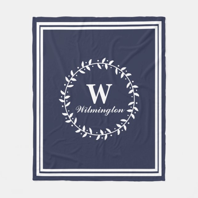 Classic White Leafy Laurels Family Name & Initial Fleece Blanket (Front)