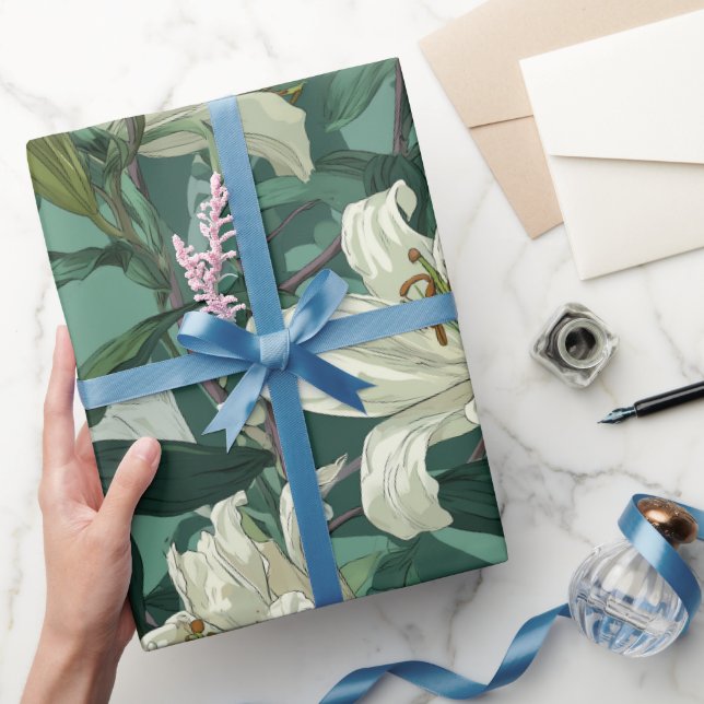 Classic White Lily Green Floral Pattern Wrapping Paper (Gifting)
