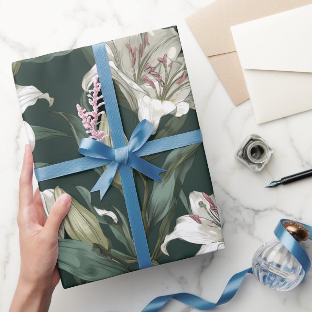 Classic White Lily Green Floral Pattern Wrapping Paper (Gifting)