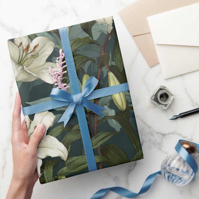 Classic White Lily Green Floral Pattern Wrapping Paper (Gifting)