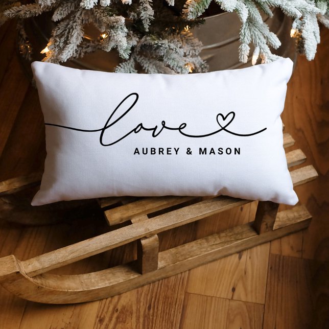 Classic White Love Heart Script Couple Names Lumbar Cushion (Creator Uploaded)
